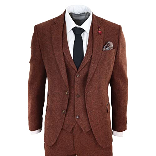 Mens Camel 3 Piece Tweed Suit Herringbone Wool Vintage Retro Fit4