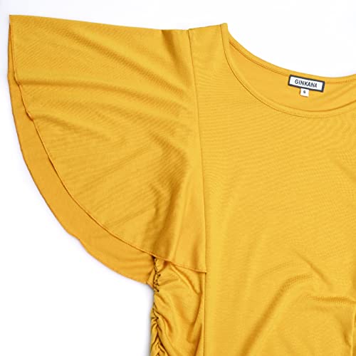 Ginkana Maternity Shirts Ruffle Sleeve Tops Round Neck Short Sleeve T Shirts Summer Casual Maternity Blouses Tees,Yellow,M #TOP4