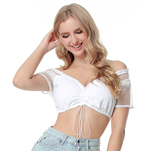 Cysincos Women's White Dirndl Blouse with Lace Bavarian Oktoberfest Costume Off Shoulder Beer Garden Crop Top