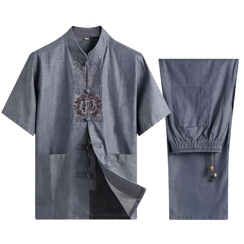 ZooBoo Chinese Clothing Tang Suit - Traditional China Tang Suit Summer Linen Embroidered Short Sleeve Shirt and Pants for Men