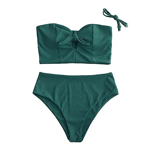 ZAFUL Ribbed Keyhole Tied High Waisted Tankini Swimsuit - Deep Green M