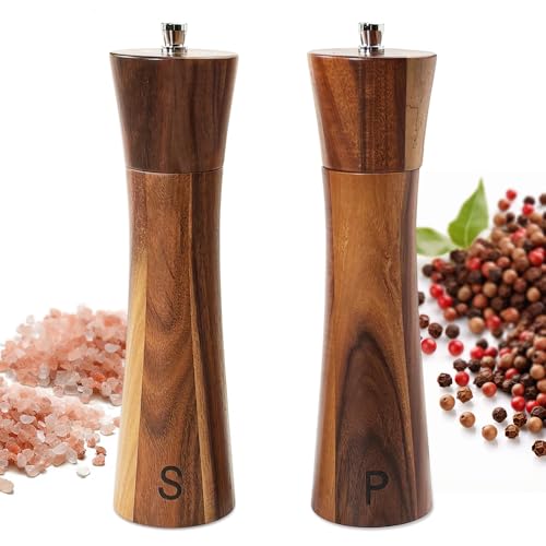 Salt and Pepper Grinders Set, 8 inch Acacia Wooden Salt and Pepper Mills Shakers Kit Ceramic Rotor with Strong Adjustable Coarseness