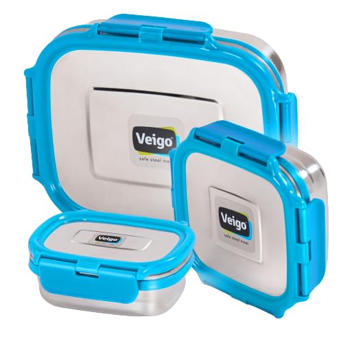 Veigo Rise & Shine | | Celebration Pack (3 Pcs Set) | Value Pack (Large, Medium, Small) | Stainless Steel Lunch Box with Easy-To-Open Lids | Air Tight | 100% Leak Proof (NEW BLUE)
