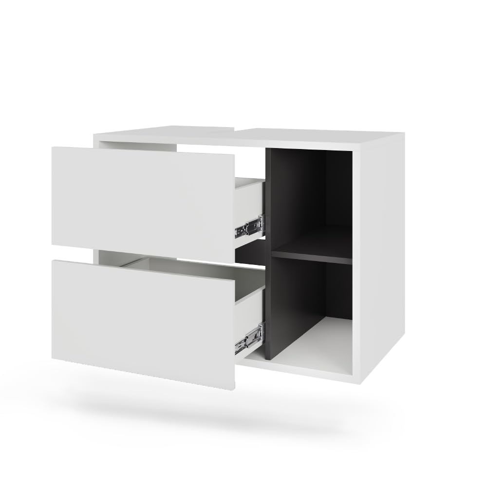 Vicco Mueble bajo Lavabo Viola, Blanco/Gris, 80 x 60 cm | con 2 cajones, con recorte para sifón para montaje mural