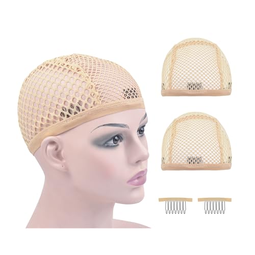 YTBYT Mesh Wig Caps Crochet Wig Caps with Combs for Making Wigs (Beige 2 pcs)