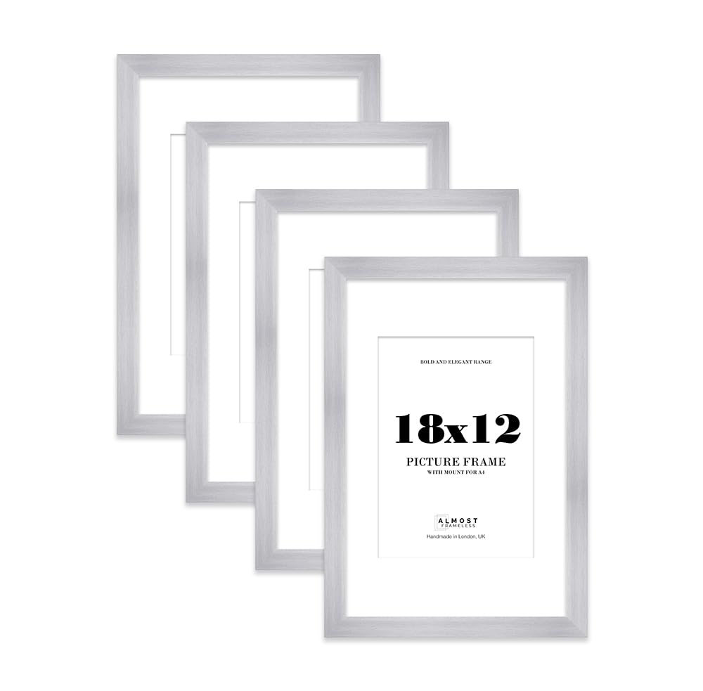18x12" Silver Frame With Mount for A4 Pictures 28mm Edge Portrait and Landscape Display with Wall Hooks, 4 Pack