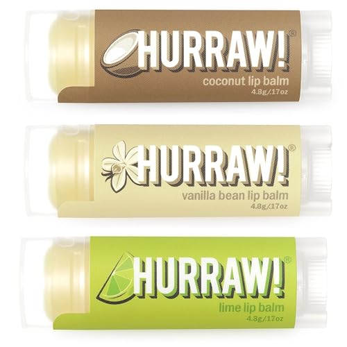Hurraw! 3 Bálsamos Labiales [Coco, Vaina de Vainilla y Lima] Orgánico, Vegano Certificado, Cruelty Free y Sin Gluten. Non-GMO. 100% Ingredientes Naturales. Sin Abejas, Soja ni Palma.