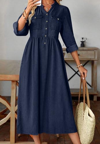 loveimgs Women Casual Button Down High Waist Midi Denim Dress V Neck Pleated Shirt Jean Dress A Line Long Sleeves Pockets4