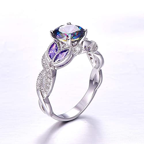 Bonlavie Women's Round Created Rainbow Topaz & Blue Sapphire Solid Sterling Silver Engagement Rings 7 #TOP2