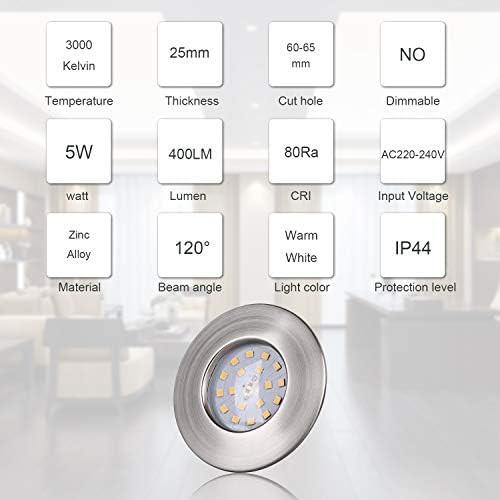 HYDONG LED Recessed Ceiling Lights 5W IP44 Bathroom Downlights Warm White 3000K 400LM Ultra Slim Not Dimmable Spotlights for Living Room Bedroom Kitchen, Open Hole Size 68mm, Pack of 6