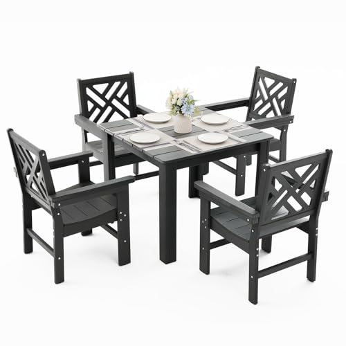 AXMOLM 5 Piece HDPE Outdoor Dining Set for 4, Patio Dining Furniture Set with Square Table and Umbrella Hole, Outdoor Table and Chairs for Garden, Poolside, Backyard, Deck (Grey, 5 Piece Square Set)