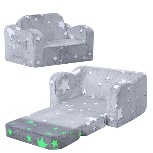 MeMoreCool Kindersofa Ausklappbar, 2-in-1 Kleinkinder Schlafsofa, Kindersessel mit Schlaffunktion, Mini Couch für Kuschelecke Kinderzimmer, Fancy Spielsofa für Mädchen und Jungen, Grau Stern