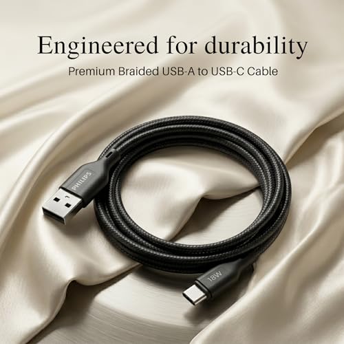 Image of PHILIPS DLC4130AB /94 18W Type-A to Type-C Fast Charging Cable (1m, Dark Slate) | Nylon Braided | Compatible with iPhone 15+ Series, USB-C iPad Models, Samsung Galaxy & All Type C Devices