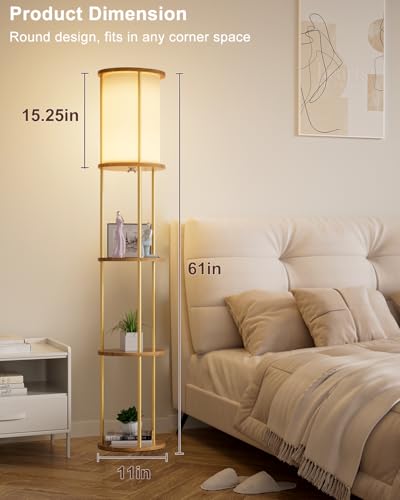 Image of Lightdot 61 inch Floor Lamp with Shelves, Modern Gold Floor Lamp with Fabric Shade and 3- Tier Solid Wood Table Attached, Corner Bookshelf Lamps with 3000K Bulb Included for Sofa Beside /Corner Decor