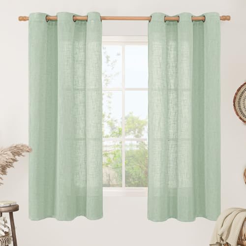 Image of LAMIT Fresh Green Linen Sheer Curtains 63 Inch Length for Bedroom, Light Filtering Panels with Bronze Grommet for Living Room Faux Linen Textured Spring Decor Drapes, 2 Panels, 34 X 63 Inch