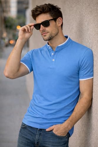 Image of Dagcros Men Polo T-Shirt, with White Trim, Short Sleeve, Button Collar Tshirt for Mens