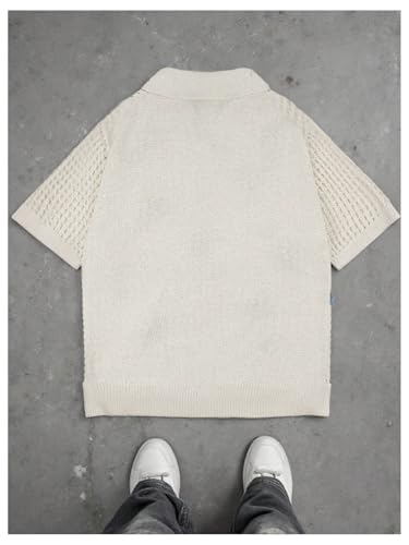 Men's Floral Appliques Crochet Tops Lapel V Neck Short Sleeve Knit Baggy Sweaters2