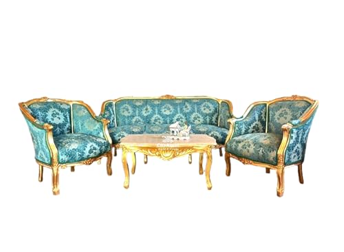 CasAmin Home & Living Ensemble de canapé de style baroque avec motif floral damassé turquoise et cadre doré de style antique français pour la décoration du salon