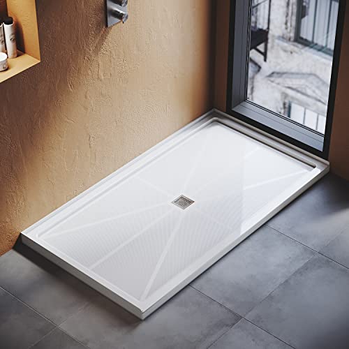 Ziocceh 48" L X 32" W X 4" H Center Drain Shower Pan Single Threshold Anti-Slip Acrylic Shower Base White With Brushed Nickel Cover #TOP4