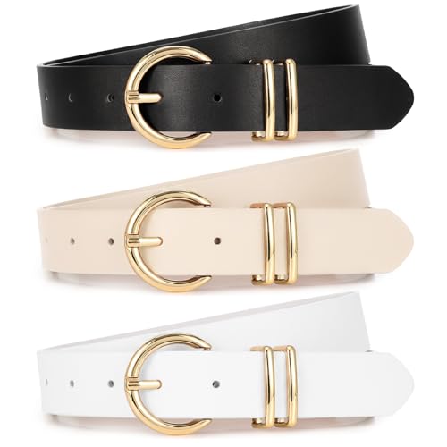 Image of XZQTIVE 3 Pack Women Belts For Jeans Dresses Pants Ladies Leather Waist Belt with Gold Buckle
