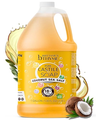 Brittanies Thyme Pure Castile Soap Coconut Sea Salt 1 Gallon (128 oz) Natural Multi-Purpose Liquid Soap for Body Laundry & Home Sulfate Free Paraben Free Vegan