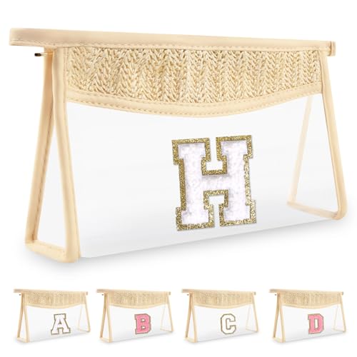 UIXIZQ Personalized Initial Letter Bag Boho Straw Clear Makeup Bag,Small Cute Chenille Varsity Letter Pouch With Zipper,Beach Travel Toiletry,Portable Monogrammed Cosmetic Bag for Women Girls,H