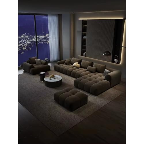 Image of Modern Classic Cloud Puffy Velvet Sofa Tufted Structure Round Arm L-Shaped Sofa Set Supported Round Back with Throw Pillows for Living Room, Hallway Apartment (3+1 & footrest Brown)