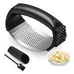 Garlic Press Rocker, Stainless Steel Garlic Mincer and Garlic Crusher, Easy-Squeeze Garlic Tool with Peeler and Cleaning Brush for Smashing Garlic