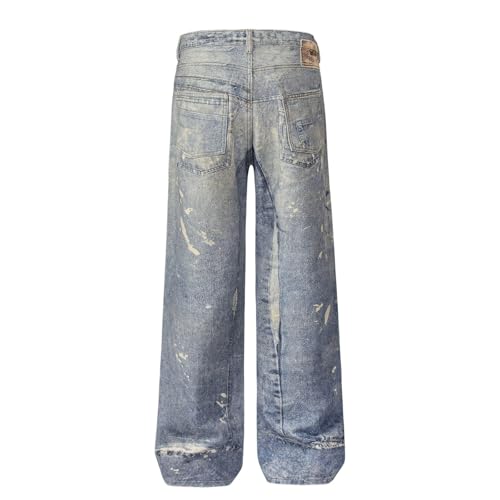 Jeans Pants Trouser Denim Retro Trendy Street Spray Dirty Personalized Wash Blue Straight Leg for Men4