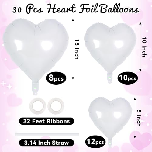 Image of 30 Pcs White Heart Balloons, 3 Sizes Heart Foil Mylar Balloon, Valentine Day Party Decorations, Love Balloon Valentine Balloons for Birthday Party Wedding Baby Shower Valentine Day Decorations