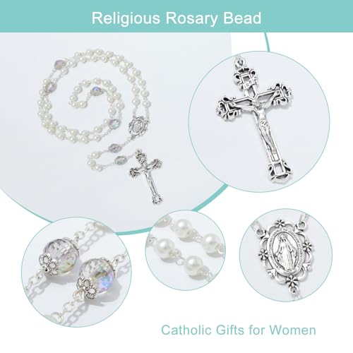 komi 6 mm pearl rosary beads with crucifix catholic necklace for women with velvet bag or rosary box