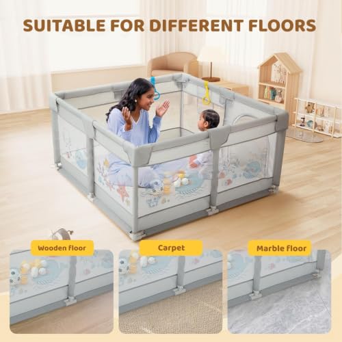 Image of Dawnwake 120 x 120 cm Small Playpen for Baby 6M-3Y, Baby Playard with Anti-Fall Grasp Rings & Safety Lock ((No Mat /No Ball, Non-Foldable)-Grey