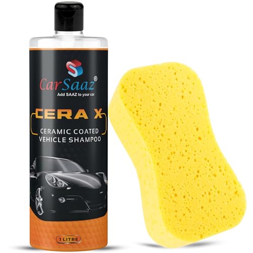 Image of CAR SAAZ Cera X Ceramic Car & Bike Wash Shampoo (1 Litre) with Washing Sponge Combo Pack | Premium Car Shampoo for Ceramic Coated Vehicles | pH Neutral, Super Suds, Highly Effective (1000 ml)