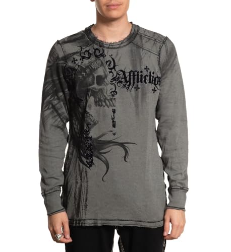 Affliction Men's Reversible Long Sleeve Thermal Shirt, Skull Design, Distressed Graphic Print