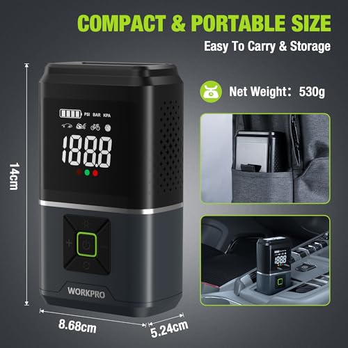 WORKPRO Elektrische luchtpomp, 150 psi (10,3 bar), acculuchtcompressor 7,2 V, 2500 mAh, draadloze draagbare bandenpomp met digitaal display en noodverlichting voor auto, fiets, motorfiets, ballen - Afbeelding 3