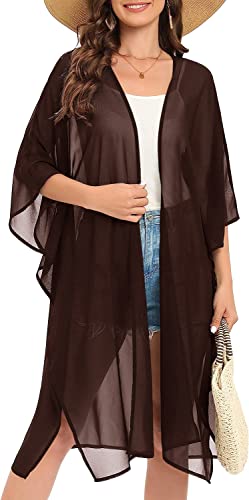 Image of Indian Trendy Women's Solid Puff Sleeve Kimono Long Cardigan Loose Cover Up Casual Blouse Top Chiffon