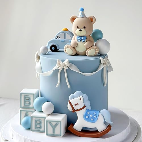 JeVenis Blue Bear Cake Decoration With Gold Balls Topper for