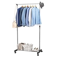 M.J COMFY-LIFE Clothes Rail with Wheels Extendable Clothes Rack Small Portable Clothing Rail for Bedroom Hanging Rail Adjustable Dress Coat Rack Tidy with Storage Stand (Black, Single rail)