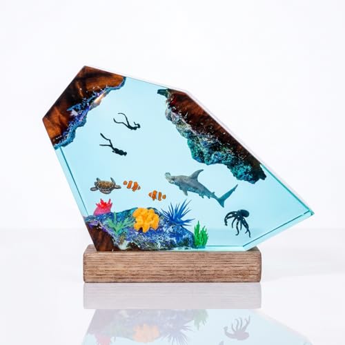 VISIOLEX Lampada Notturna in Legno e Resina Epossidica Tema Oceanico — Lampada da Tavolo LED Artigianale per Camera da Letto, Ufficio (Modello A, 6 * 4in)