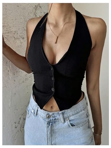 GORGLITTER Women's Fashion Cropped Vest Tops Sexy Backless Halter Tops Going Out Button Down Tank Tops4