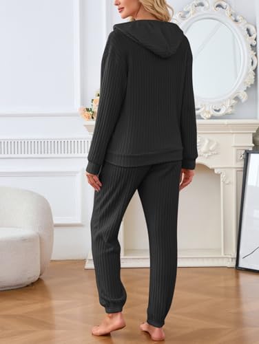 Image of Famulily 2 Pieces Ribbed Knit Outfits Drawstring Hoodies Jogger Pants Matching Pajama Sets with Pockets
