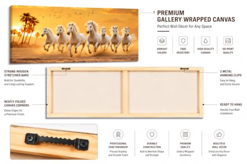 Image of 7 Horse Vastu Sunrise Canvas Painting | Positive Energy Wall Decor | Big Size Premium Running Horses Artwork for Home, Office & Hall Decoration (Modern, Sky Horse, 44x20 Inch)