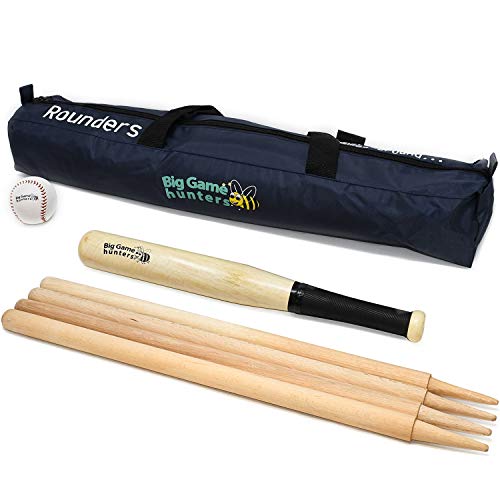 Big Game Hunters Quality Traditional Rounders Set with Hardwood Bat, Ball and Posts in a Canvas Bag