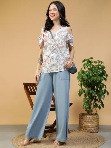 Image of oxolloxo Women Solid V-Neck Short Sleeve Cold Shoulder Yarn-Dyed Dobby Top