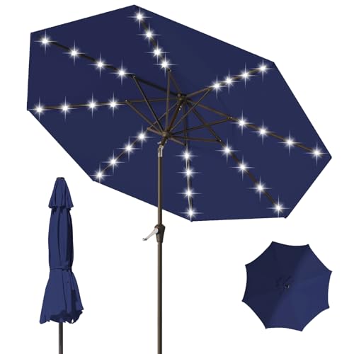 Tobeos 9FT Patio Umbrella with Solar Lights,Outdoor Market Umbrella with Tilt and Crank, LED Lighted Table Umbrella for Garden,Deck,Backyard,Pool,Beach (Navy)