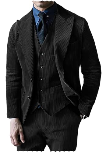 Men's Corduroy 3 Piece Suits Slim Fit Set Formal Business Blazer Jacket Vest Pant for Wedding Party Tuxedo