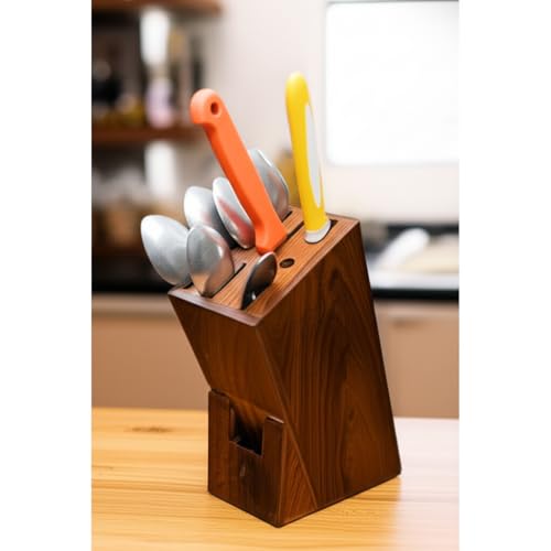 Image of Wood Knife Stand /Holder - Empty Wood Knife Box /Knife Organizer for Kitchen Cutlery, Scissors, and Spoons