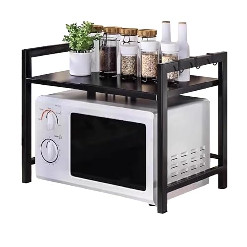JSUDQR 2 Niveles Soporte Extensible para Horno de Microondas Negro Estanteria para Microondas en Acero al Carbono Organizador Estanteria para Encimera de Cocina con 5 Ganchos Longitud 40-60cm