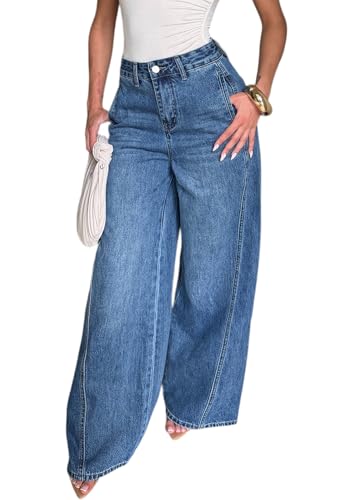 Image of Women's Straight Leg Jeans High Waisted Wide Leg Stretchy Baggy Denim Pants
