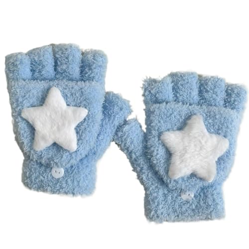 KFVIM Cute Star Glove for Women Coquette Aesthetic Fuzzy Mitten Kawaii Fluffy Hand Warmers Y2k Japanese Accessories (Blue Short,one size)